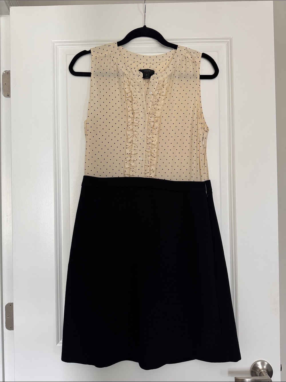 J. Crew Mixed-Media Dress with Cream Blouse with Black Polka Dots, Black Skirt